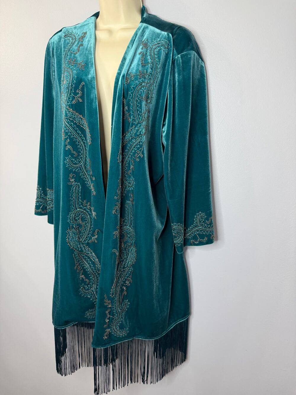 Chico's Traveler’s Teal Velvet Tassel Embroidered Cardigan Duster Sz 16 New